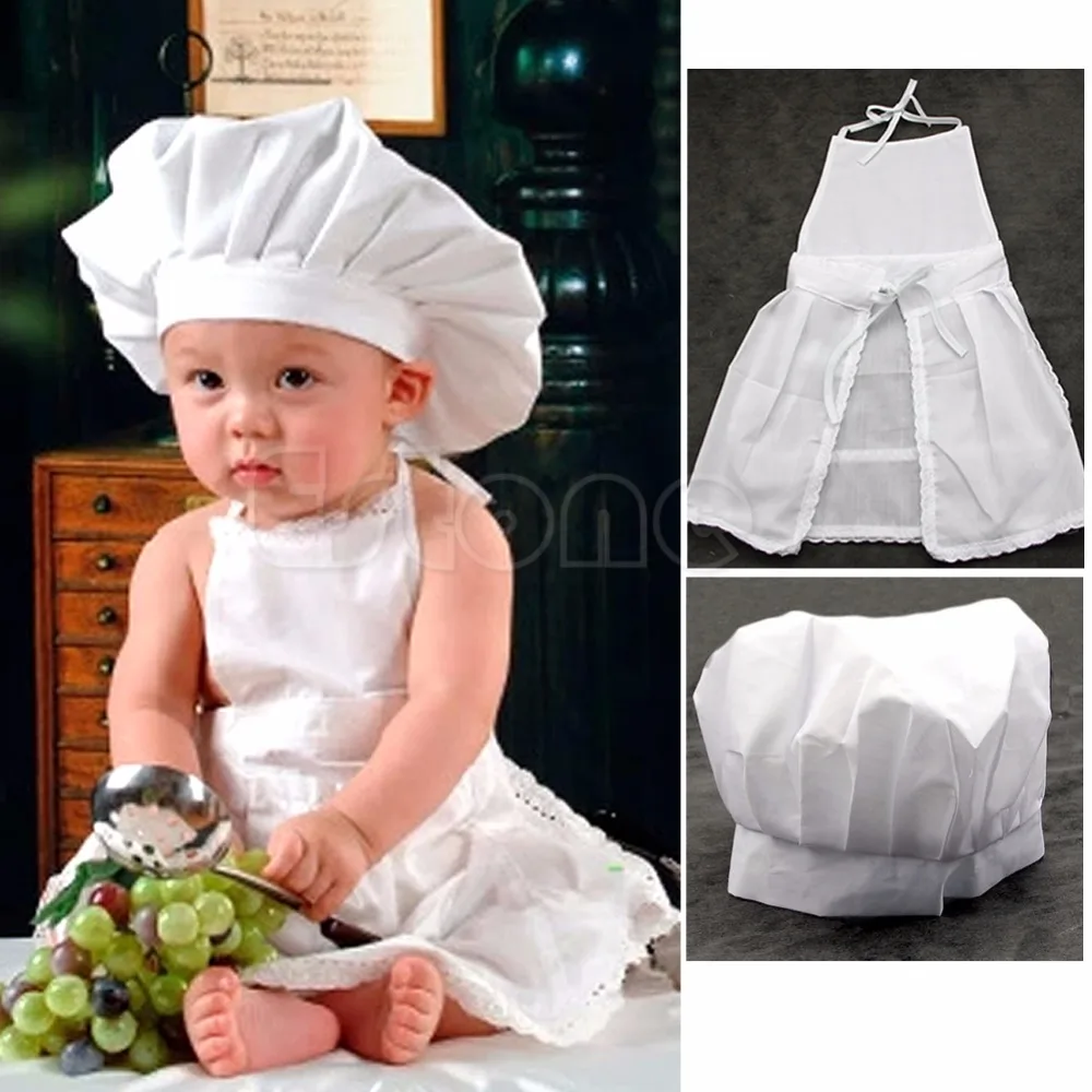 

Cute White Baby Cook Costume Photos Photography Prop Newborn Infant Hat Apron