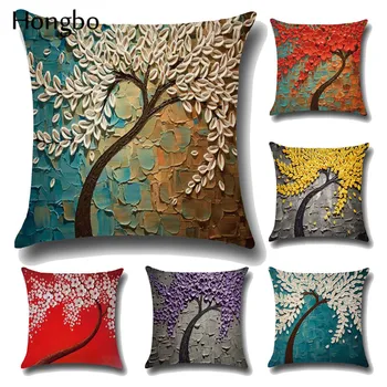 

Hongbo 3D Oil Painting Trees Flowers Pillow Cover Cherry Blossom Blooming printing Pillowcase Modern Painted Cushions Cover