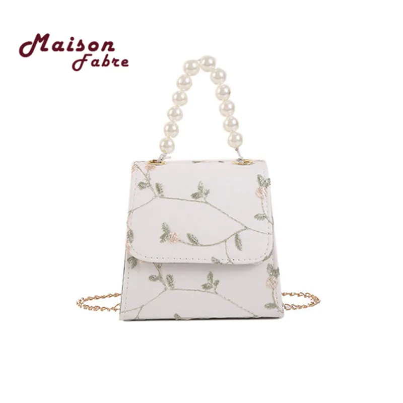 

Lace Flowers Women Bag New Handbag High Quality PU Leather Sweet Girl Square Bag Flower Pearl Chain Shoulder Messenger Bag