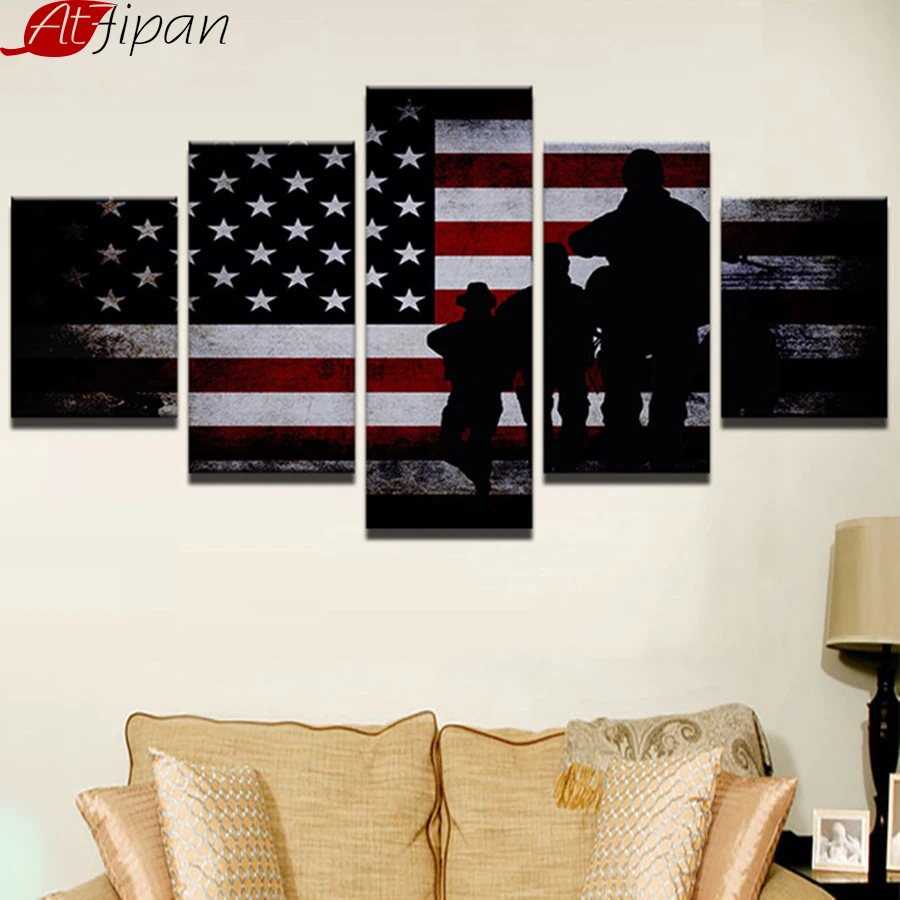 

AtFipan Modern Wall Art Frame Canvas Painting American Flag Modular Home Decor Picture 5 Panel Soldier Landscape Poster