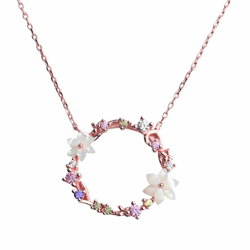 S925 чистое серебро ожерелье под розовое золото для женщин Циркон в виде ракушки цветок ключицы шеи цепи Мода Венок Ожерелье женские ювелирные изделия
