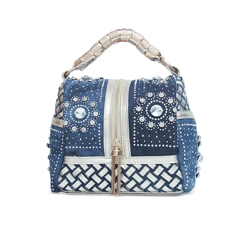 

2019Women Denim Bag Rhinestones Handbag Designer Chain Handle Summer Beach Small Shoulder Bags Ladies Messenger Bags Bolsas