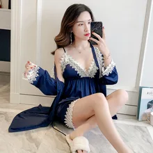 Темно-синие Леди ремень Топ и штаны костюм пижама комплекты одежды для сна Женская домашняя одежда 3 шт ночной рубашке соблазнительное кимоно халат ночная рубашка