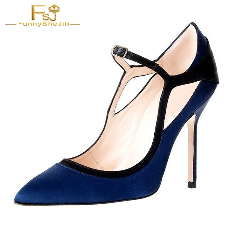 

Navy Dark Blue High Heels Mary Jane Stilettos Pointy Toe Elegant Pumps Plus Size 15 16 Customize Women Shoes FSJ Brand Design