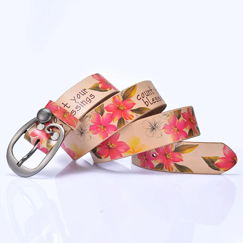 

Women Belt with Print Wide Casual Floral Flower Belts for Women Luxury Designer Brand Solid Cowskin Fashion Jeans Printed Belt