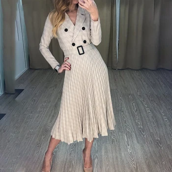 

Blazer Dress Women Pleated Plaid Long Dress Button Elegant Elegant Office Ladies High Waist Belt Party Dresses Blazer Robe Femme