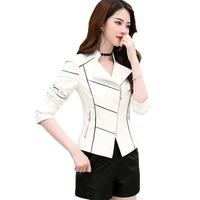 Spring Autumn Women Washed PU Leather Jacket Slim Short