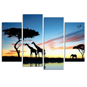

Living Room HD Printed Wall Art Pictures Painting 4 Panel Forest Giraffe Sunset Landscape Modern Home Decoration Poster Frame