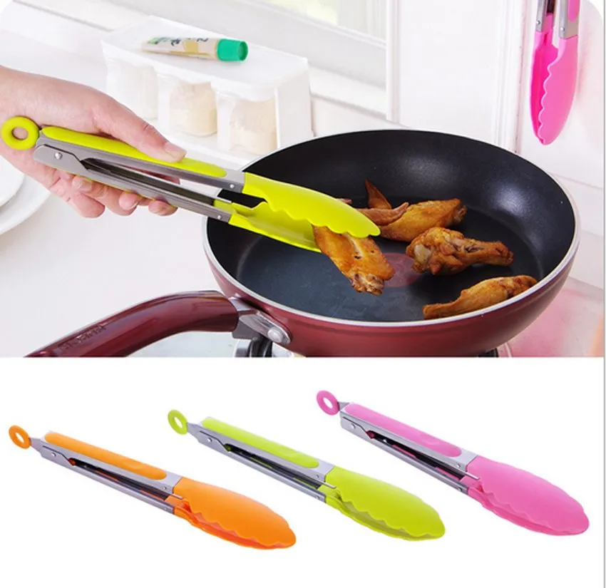 Silicone Kitchen Cooking Salad Serving BBQ Tongs Stainless Steel Handle
