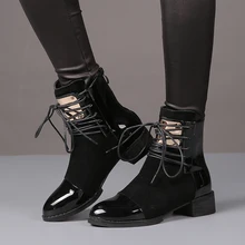35-43 Women Boots Genuine Leather Flat Martin Ankle Boots Womens Motorcycle Boots Autumn Shoes Women Winter Patent leather Botas