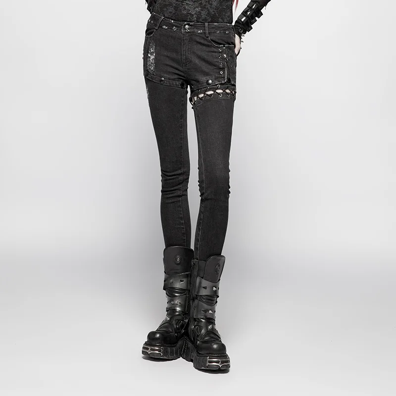 

PUNK RAVE Women Punk Pants Industrial Style with Distressed Laced Heavy Metal Denim Streetwear Pencil Pants Jeans for Women