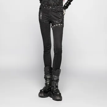 

PUNK RAVE Women Punk Pants Industrial Style with Distressed Laced Heavy Metal Denim Streetwear Pencil Pants Jeans for Women