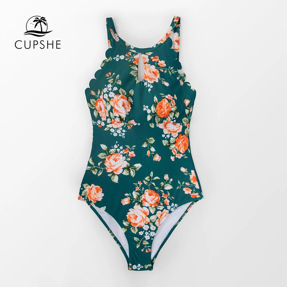 Kaufen CUPSHE Grün Floral Scalloped One stück Badeanzug Frauen Ausschnitt Monokini Bademode 2020 Mädchen Strand Badeanzüge