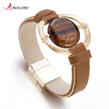 

Amorcome Elegant Women Leather Bracelets 2019 Round Resin Charm Bohemian Boho Wide Wrap Vintage Bracelet Female Party Jewelry