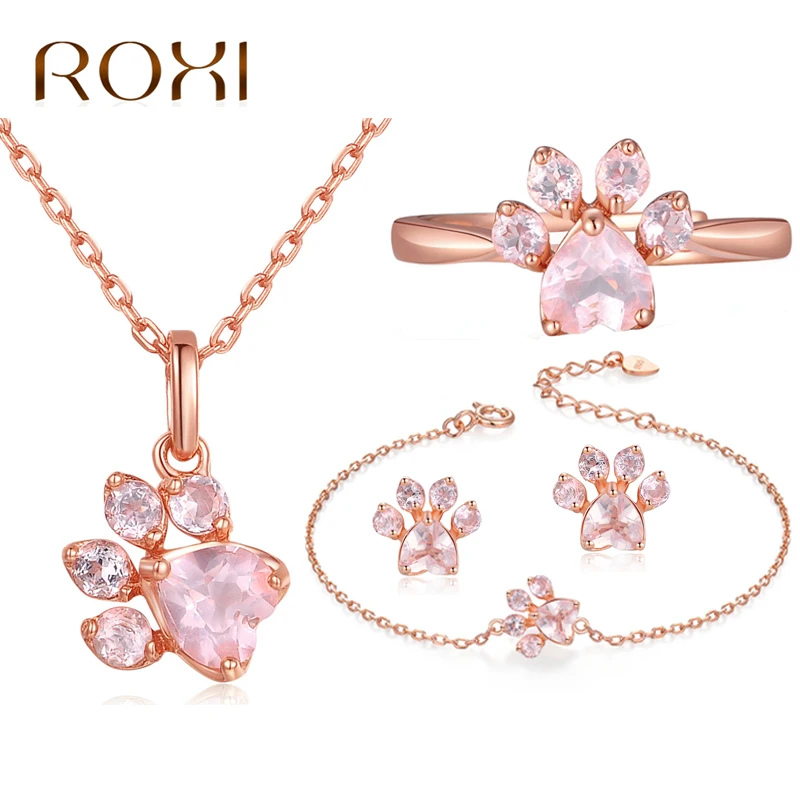 

Real 925 Sterling Silver Jewelry Set for Women 100% Natural Gemstone Rose Quartz Animal Claws Necklace Earrings Bracelet Rings