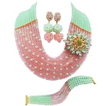 Мятный зеленый персик Женский Стильный Кристалл бисера нигерийские Свадебные африканские бусины комплект ювелирных изделий ABD097