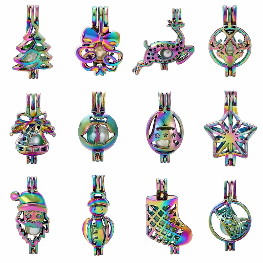 

1pcs Rainbow Color Christmas Styles Pearl Beads Cage Essential Oil Diffuser Locket Pendant DIY Jewelry Making for Oyster Pearl