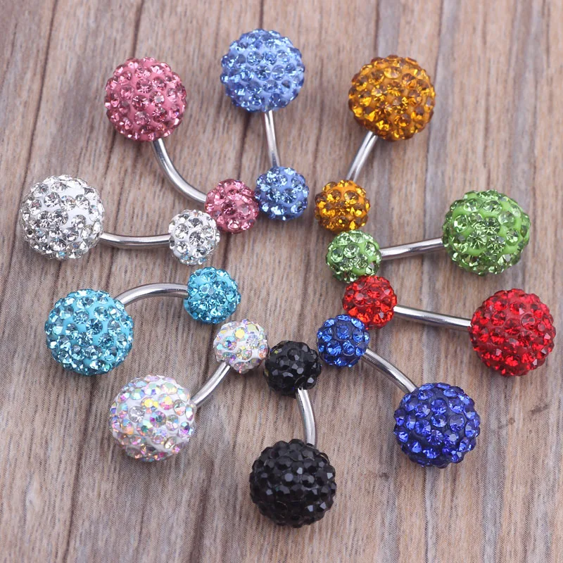 

DOUBLE GEM PAVED CRYSTAL BALLS BELLY NAVEL RING BUTTON PIERCING JEWELRY30/ 50/100Pcs 2 Style Disco Ball Ferido Belly Button Bar