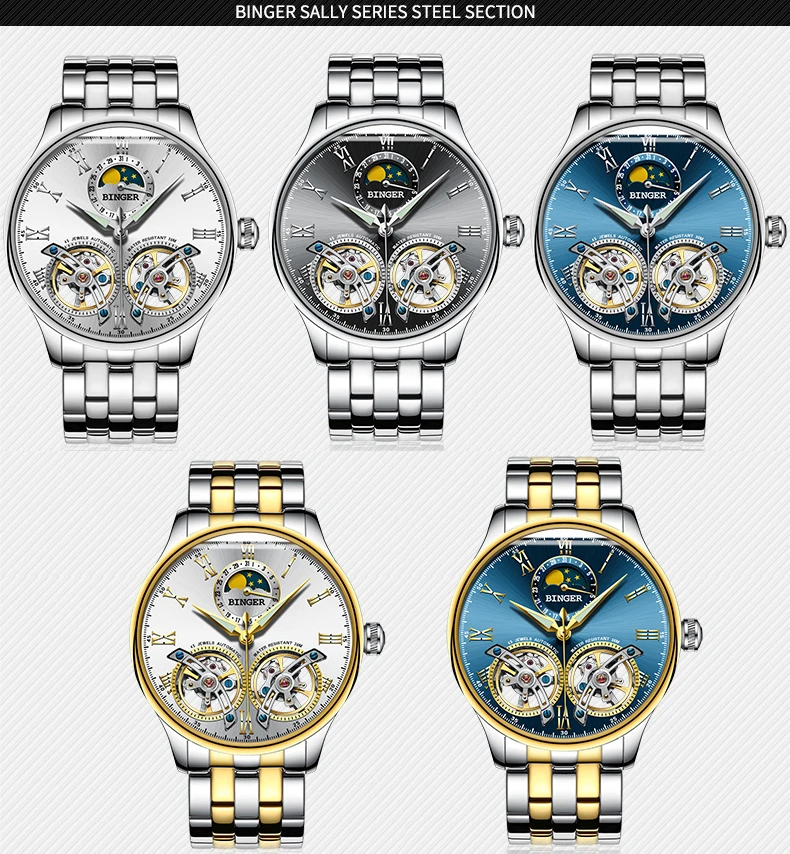 Switzerland BINGER, новинка, механические часы, роскошный бренд, скелет, двойной турбийон, сапфировые, водонепроницаемые часы, мужские часы