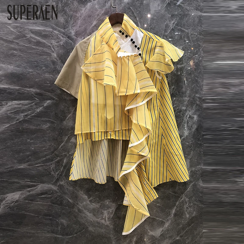 

SuperAen New 2019 Summer Women Shirts Cotton Casual Wild Ruffled Blouses and Tops Female Irregular Short Sleeve Women Clothing