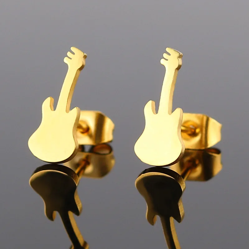 CHUKUI Rock Gold Guitar Earrings Men Women Stainless Steel Black Fashion Musical Instruments Jewelry Ear Stud (4)