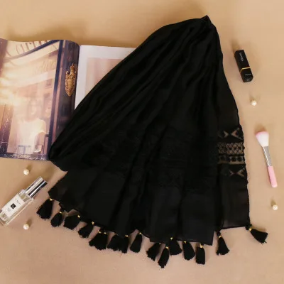 Женский шарф большого размера в национальном стиле, кружевные шарфы с кисточками, мусульманский головной платок, хлопковые шали и палантины, тонкое женское одеяло из пашмины - Цвет: Черный