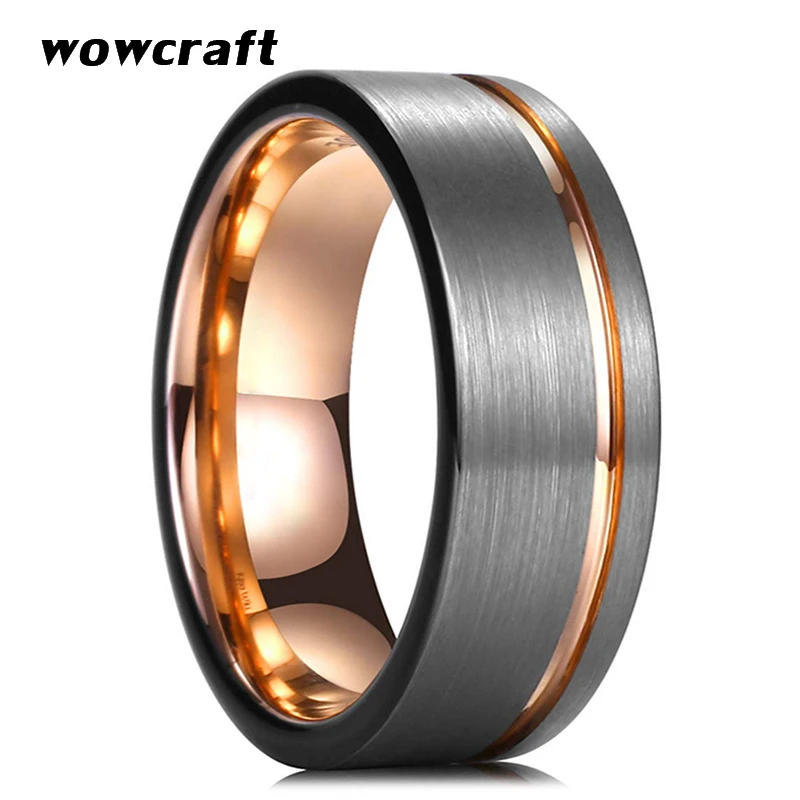Cena 8mm męskie obrączki z węglika wolframu różowe złoto czarny człowiek pierścionek zaręczynowy szczotkowane wykończenie Tow Tone Offset rowkowane Comfort Fit
