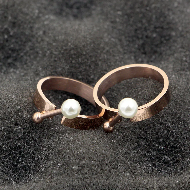 

Martick Elegant Wide Pearl Rings For Woman Fashion Barbell Design Rose Gold Color Stainless Steel Europe Brand Jewelry R43