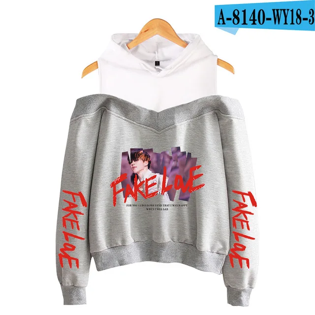 New Bangtan Boys Fake Love Off-shoulder Hoodies Women's Fashion Sweatshirt Print Fake Love Hip Hop Hoodie Pullover Hooded - Color: LJ-gray