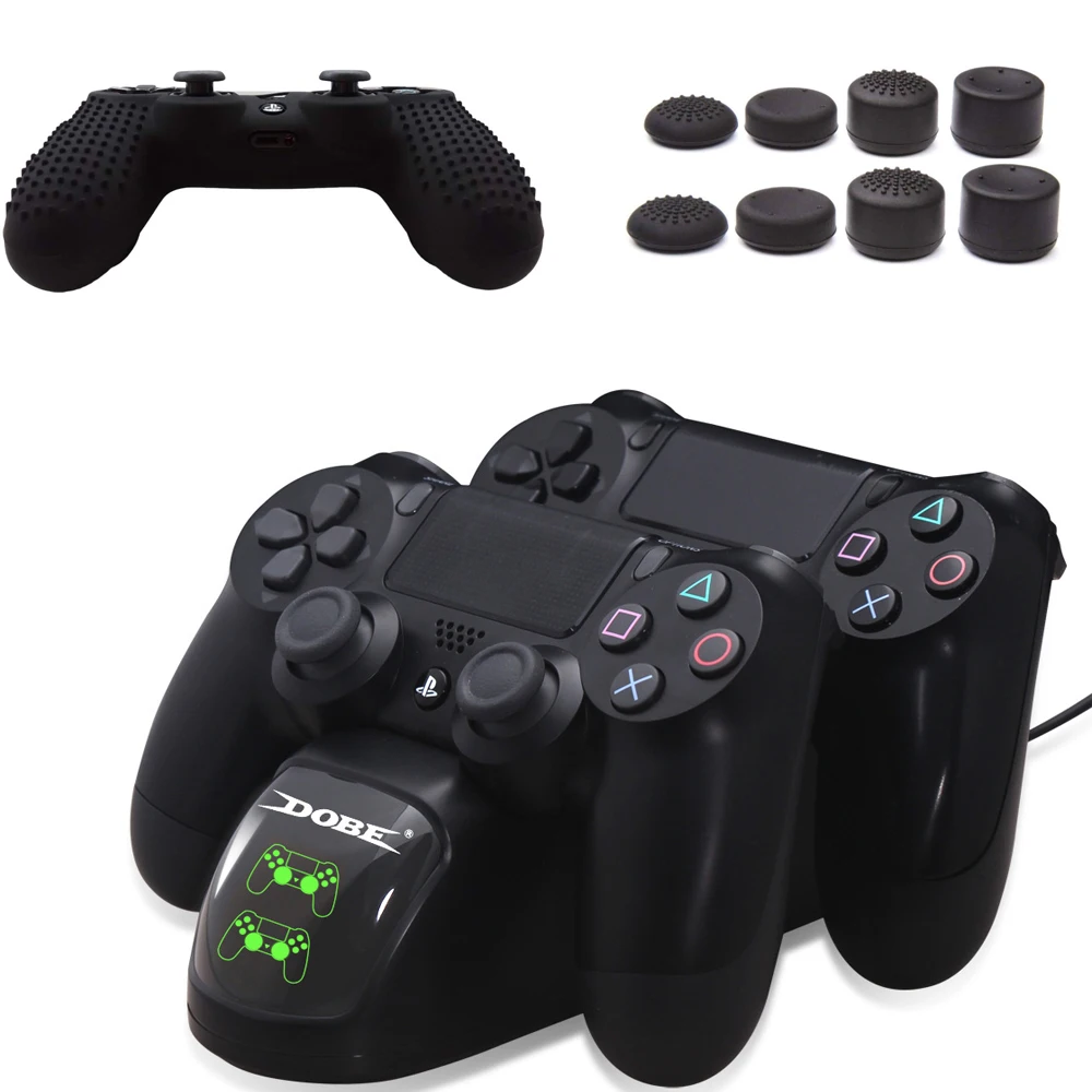 

PS4/PS4 Slim/PS4 Pro Controller Charging Docking Station with Anti-slip Silicone Cover and 8pcs Thumb Grips for PS4/Slim/Pro