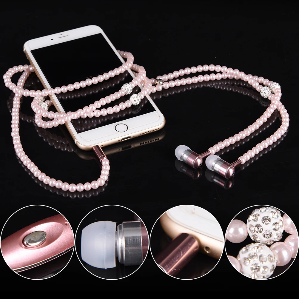 Wired earphones Pearl Necklace In-Ear Pink Rhinestone Jewelry Beads With Mic For Samsung Xiaomi Girls Gifts