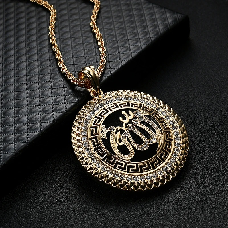 New Punk Geometric Round Waterdrop Heart Allah Necklaces Pendant For Women Men Crystal Long Necklace Arab Muslim Islam Jewelry
