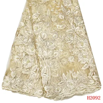 

Gold Nigeria Embroidery Net Lace Latest 2019 Beaded African Wedding Dress Tulle Lace Sequin Mesh Lace Fabric for Women HX2092