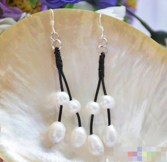 

1488 white rice freshwater pearl black hide rope dangle EARRING