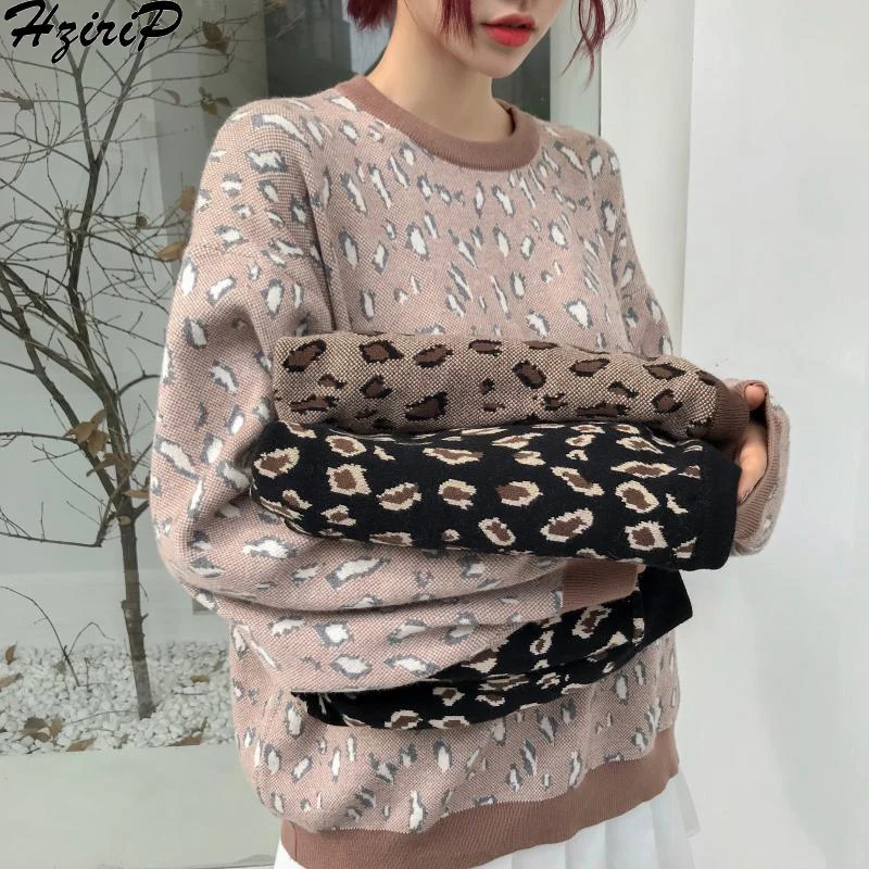 

HziriP Korean Knitted Sweater Women 2018 Autumn Winter Vintage Fashion Long Sleeve Loose Pullover Leopard Female Casual 3 Colors