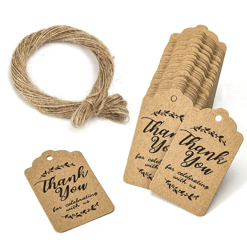 100pcs white/brown Thank you paper tags for Celebrating with Us wedding party gift tag include 200 cm jute cord | Дом и сад