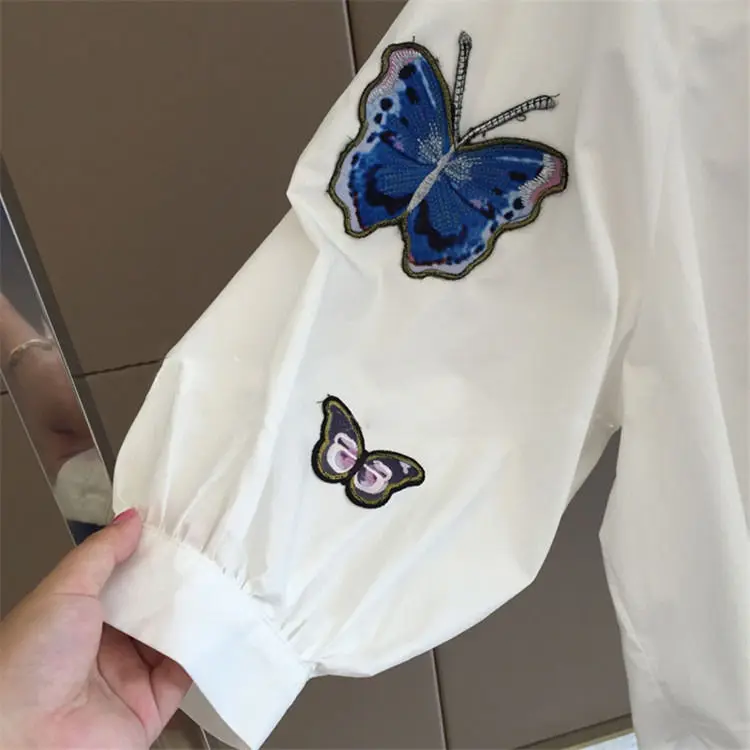 Белая женская рубашка с вышивкой бабочки, с длинным рукавом, плюс размер, свободная блузка и топы, женские рубашки на пуговицах