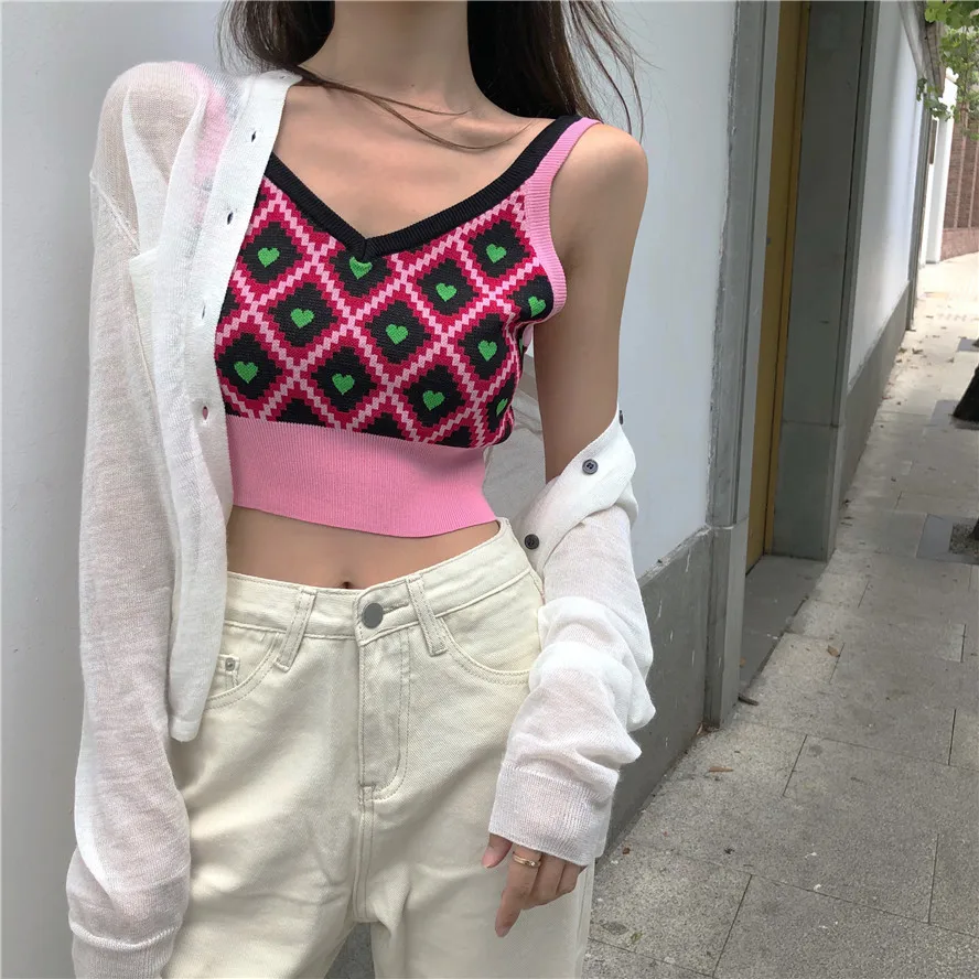 knitted sweet crop tops print spaghetti strap summer new Korean style fashion brand Women's Clothing Tanks Camis high quality