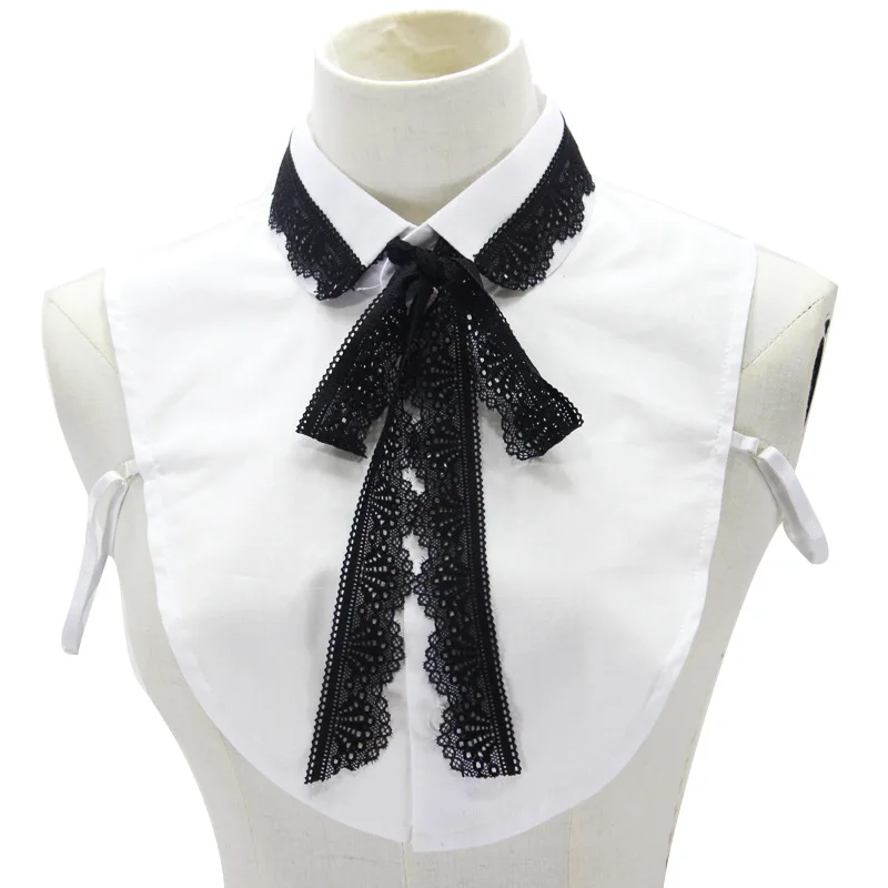 

White Half Shirt Blouses Peterpan Detachable Collar Scruffy Plaid Age-reduced classic white fake collar bow black tie lace bead