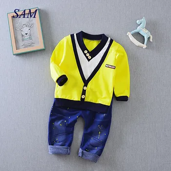 

Boys Fashion Clothes Suits Children's T-shirt + Pants 2 Sets Fake Two-piece V-neck Cowboy Clothing Sets for Kids