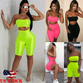 

Sexy Women Sleeveless Off Shoulder Strapless Bodycon Romper Jumpsuit Clubwear Holes Cut Out Fitness Sports Bodysuit Short Pants