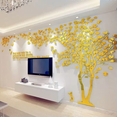 Большой размер, дерево, акриловая декоративная 3D наклейка на стену, сделай сам, художественный ТВ фон, настенный плакат, домашний декор, спальня, гостиная, наклейка на стену s - Цвет: GOLDEN RIGHT