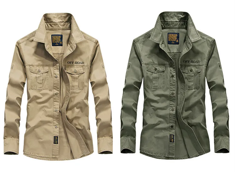 Clothing Men Casual Shirts Cotton Long Sleeve Camiseta Masculina Denim Shirt Men Army Military Black Khaki Size S-4XL, 5XL Mallzona
