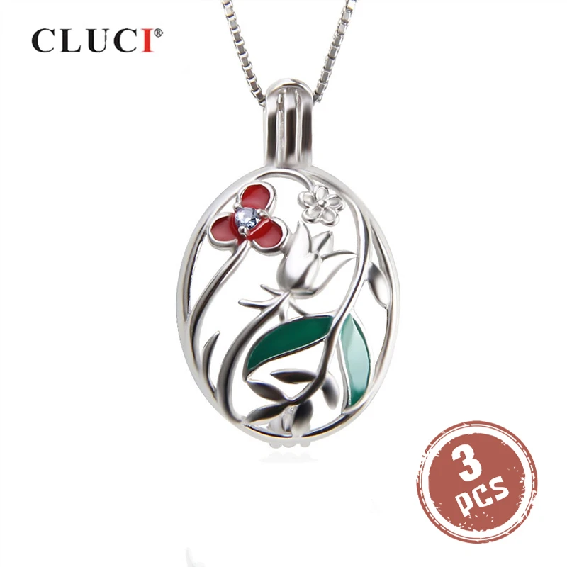 

CLUCI 3pcs Real 925 Sterling Silver Cage Pendant Beautiful Flower Oval Pendant Women Zircon Gemstone Pendant Wish Pearl Locket