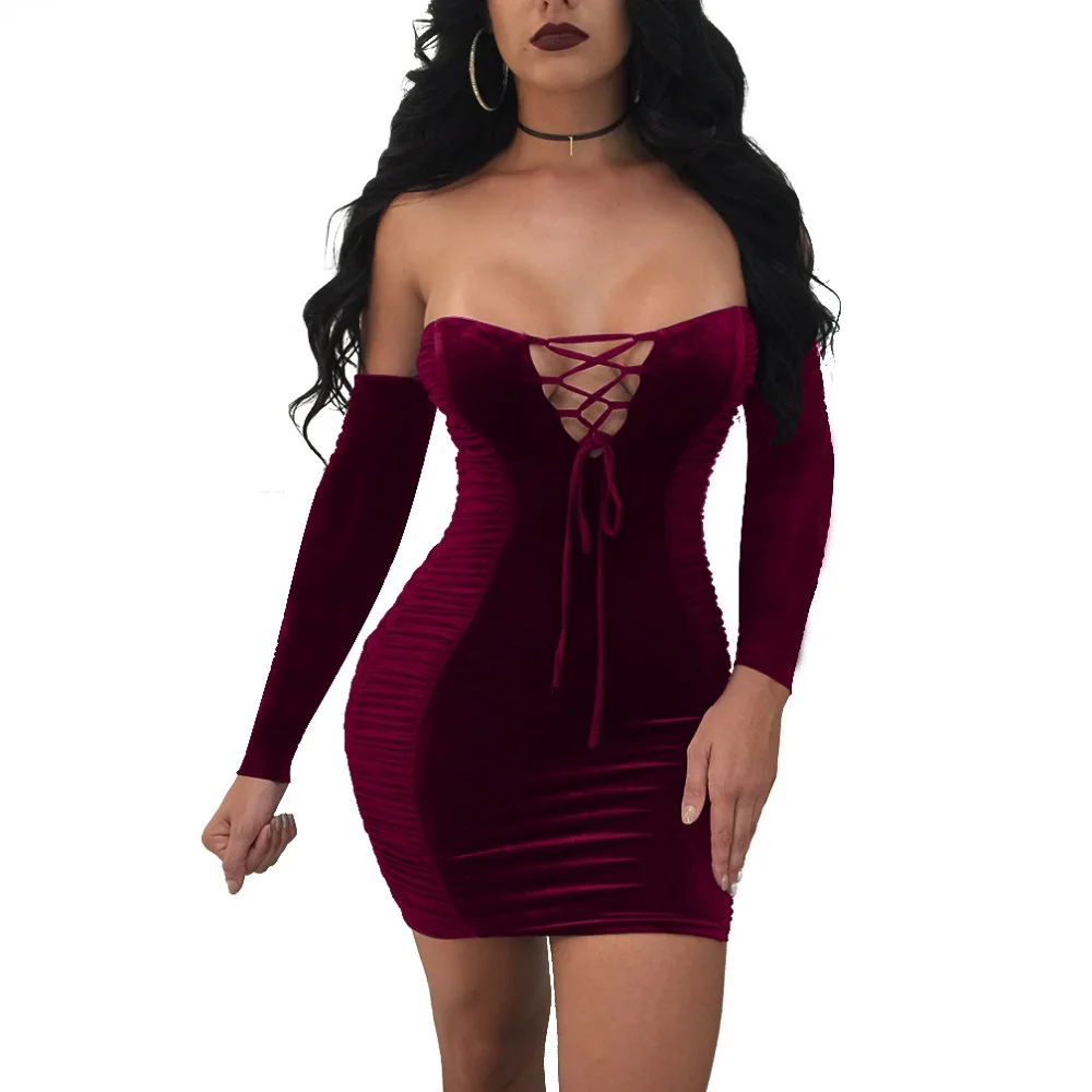 Sexy Velvet Dress Women Strapless Long Sleeve Club Dress Hollow Out Gathered Bodycon Mini Dress