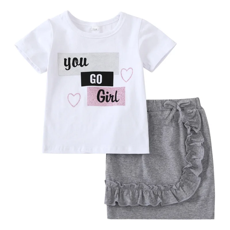 Bear Leader/комплект одежды для девочек, г. Комплекты для девочек Милая футболка с короткими рукавами и надписью+ юбка с завитым бантом 2 комплекта комплект детской одежды - Цвет: AN0138 white