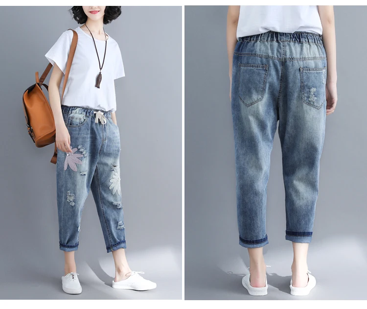 Летние джинсовые брюки женские большие размеры 3XL 4XL брюки бойфренда мамы эластичная талия вышивка отверстие джинсы для женщин шаровары A430