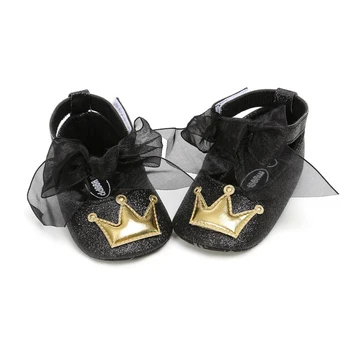 

Baby Girl PU Leather Shoes Kid Moccasins First Walkers Crown Mesh Bow Soft Soled Non-slip Footwear Crib Shoes C
