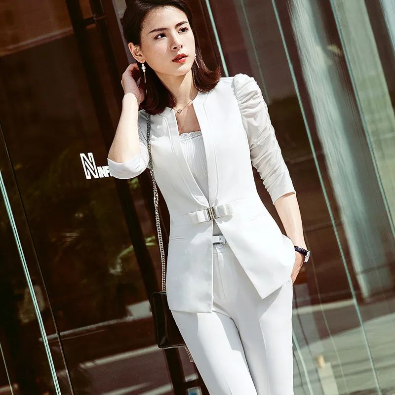 Модная Женский комплект 2 шт. одежда, элегантный деловой приталенный Блейзер с короткими рукавами и штанами размера плюс, рабочая одежда