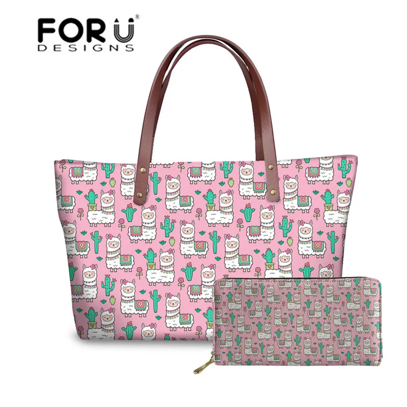 

FORUDESIGNS Sweet Pink Alpaca Printing Handbags&Wallets Women 2pcs/set Hand Bag Ladies Shoulder Messenger Bags for Females Bolsa